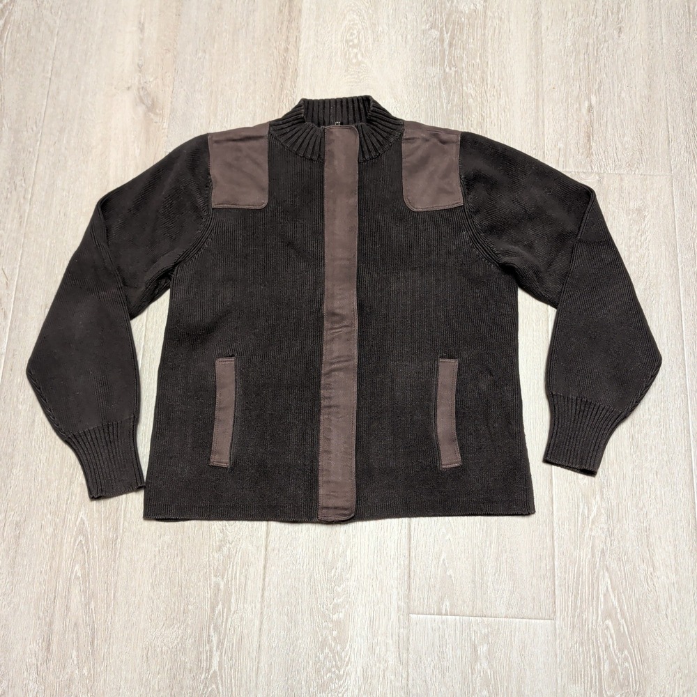 Liz Claiborne Petite Brown Zip Up Cardigan Sweater Faux Suede Patch Women Medium - Picture 1 of 6